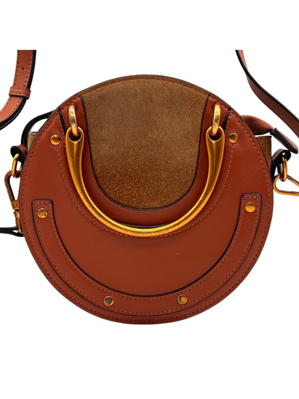 Round Leather Crossbody Bag With Gold Handles And Adjustable Strap Brown & Suede - Picture 2 of 14